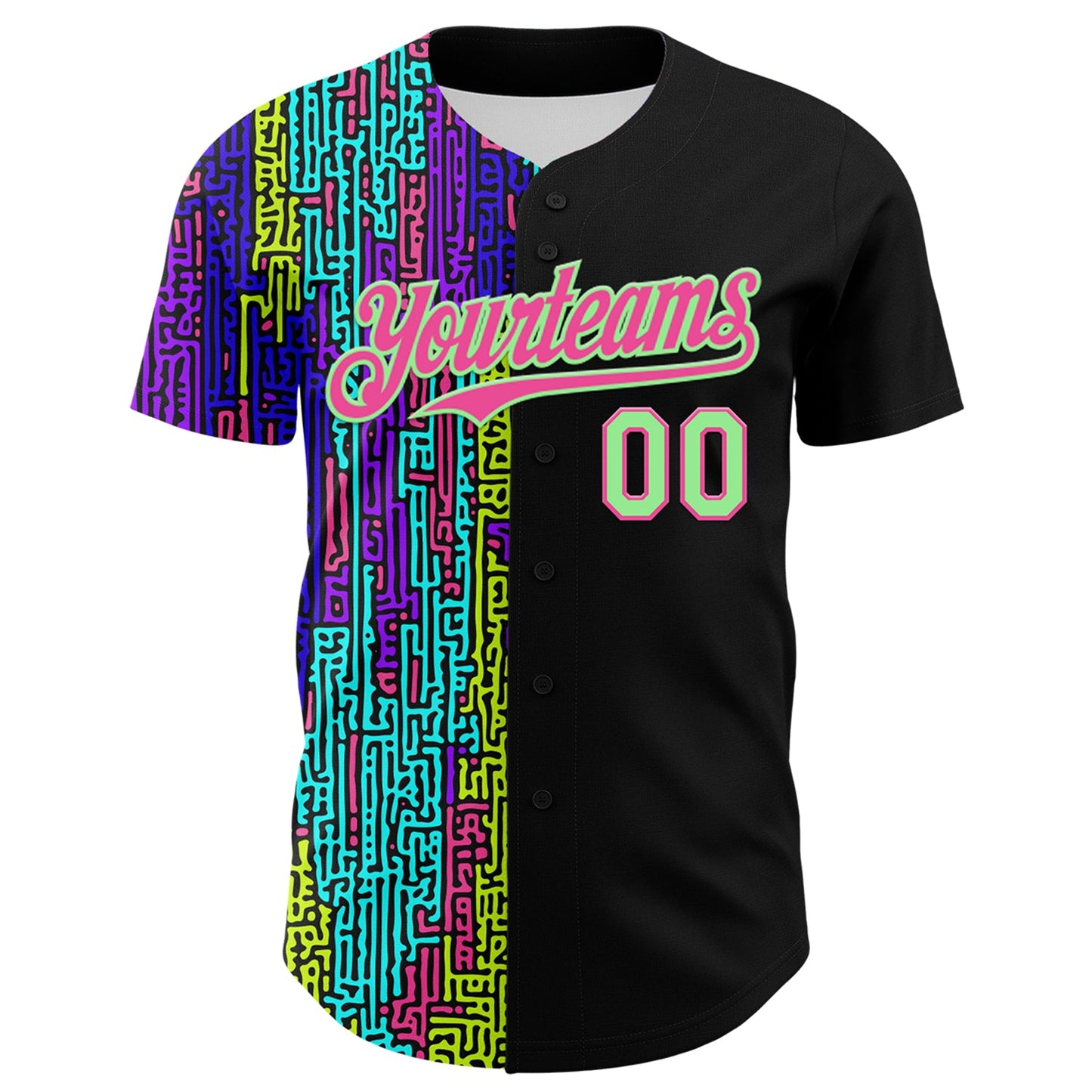 Custom Black Pea Green-Pink 3D Pattern Design Rave Psychedelic Neon Fluid Art Authentic Baseball Jersey view 2