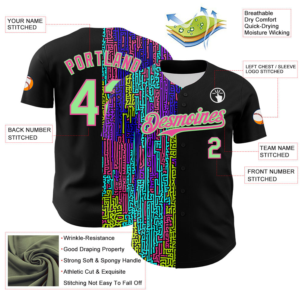 Custom Black Pea Green-Pink 3D Pattern Design Rave Psychedelic Neon Fluid Art Authentic Baseball Jersey view 3
