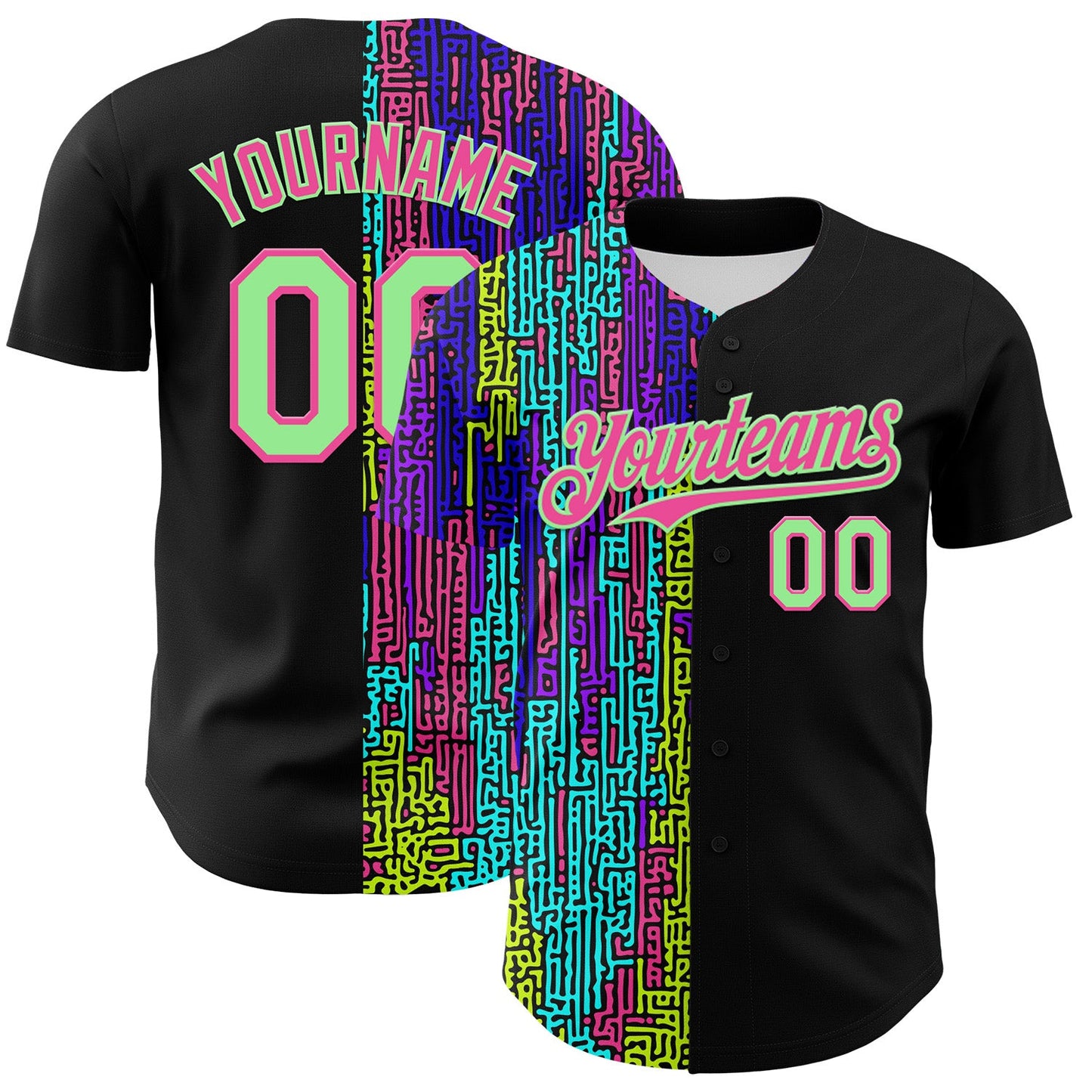 Custom Black Pea Green-Pink 3D Pattern Design Rave Psychedelic Neon Fluid Art Authentic Baseball Jersey - Main View