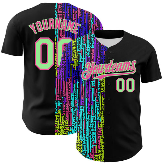 Custom Black Pea Green-Pink 3D Pattern Design Rave Psychedelic Neon Fluid Art Authentic Baseball Jersey - Main View