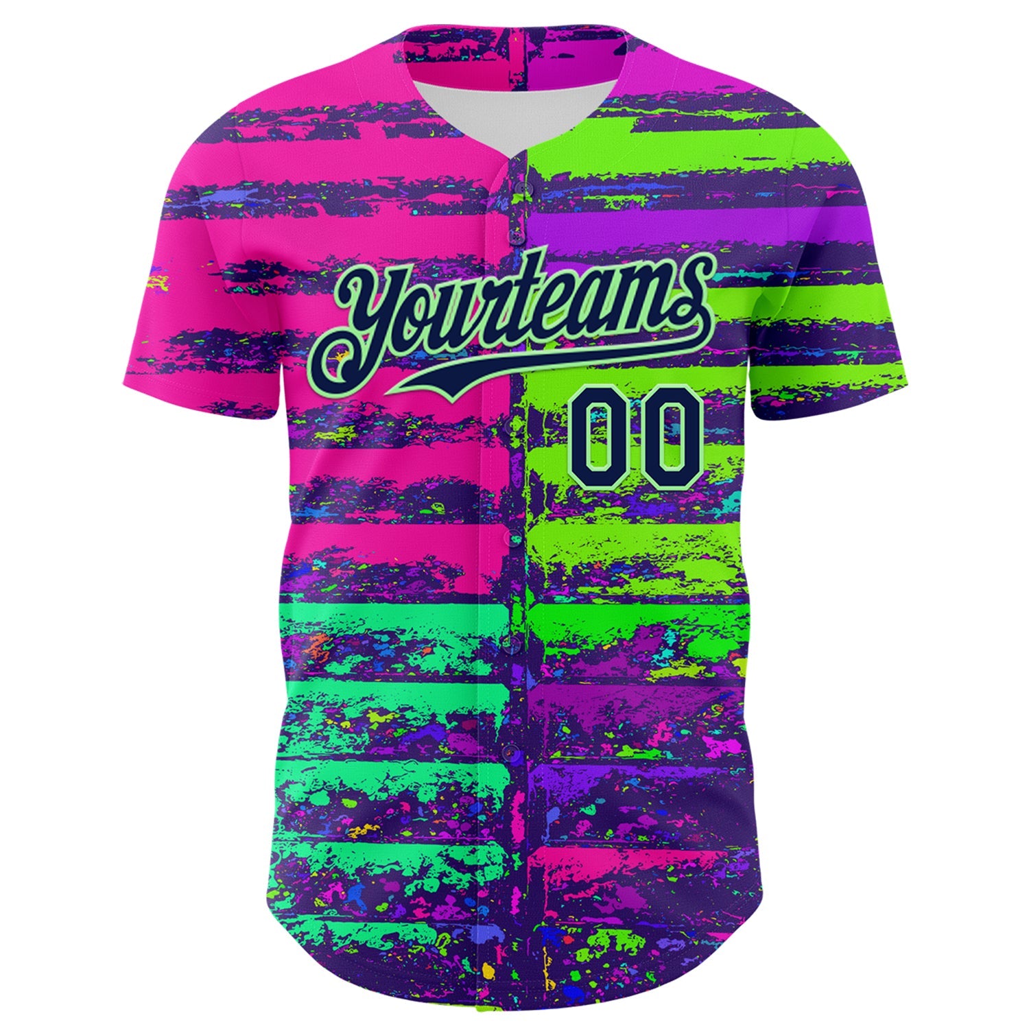 Custom Pink Navy-Pea Green 3D Pattern Design Rave Psychedelic Neon Fluid Art Authentic Baseball Jersey view 2