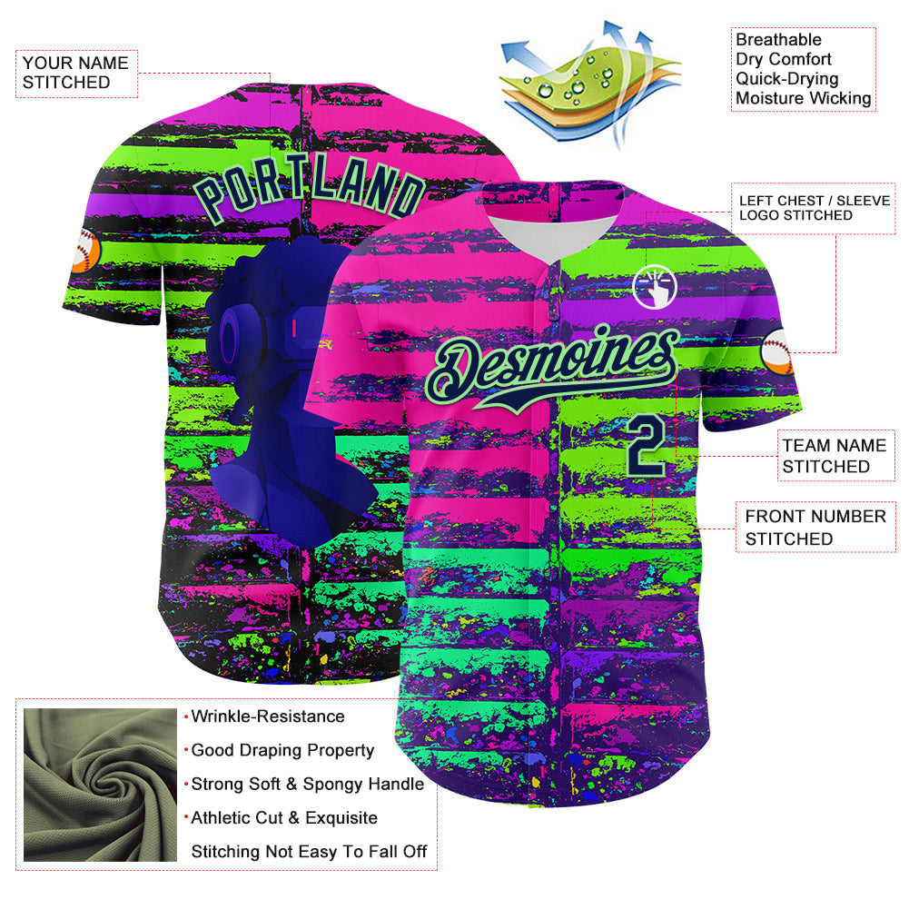 Custom Pink Navy-Pea Green 3D Pattern Design Rave Psychedelic Neon Fluid Art Authentic Baseball Jersey view 3