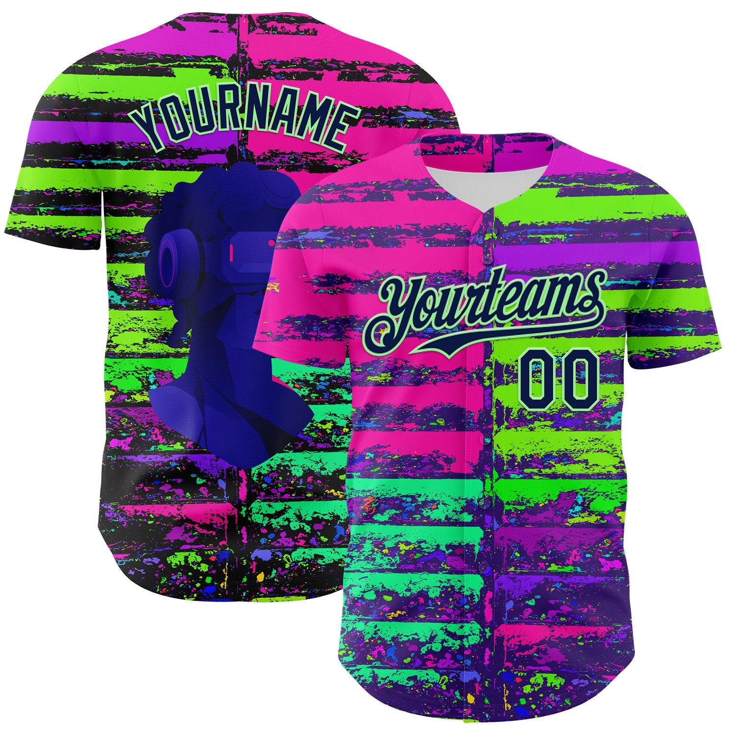 Custom Pink Navy-Pea Green 3D Pattern Design Rave Psychedelic Neon Fluid Art Authentic Baseball Jersey - Main View