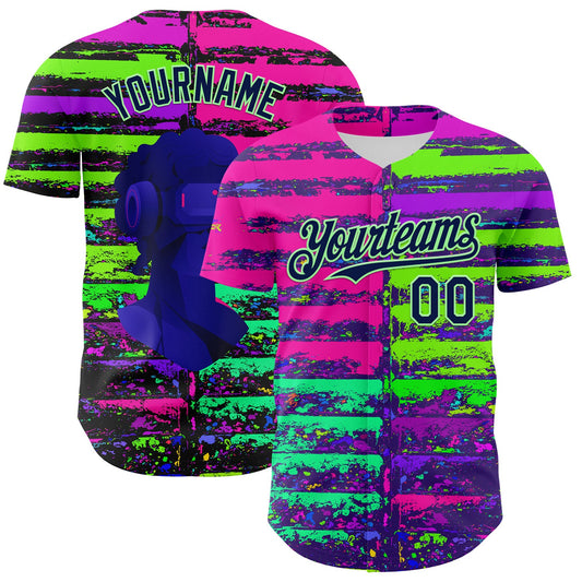 Custom Pink Navy-Pea Green 3D Pattern Design Rave Psychedelic Neon Fluid Art Authentic Baseball Jersey - Main View