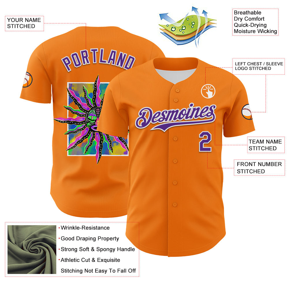 Custom Bay Orange Purple-White 3D Pattern Design Rave Psychedelic Neon Fluid Art Authentic Baseball Jersey view 3