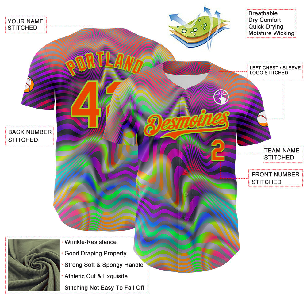 Custom Gray Orange-Neon Green 3D Pattern Design Rave Psychedelic Neon Fluid Art Authentic Baseball Jersey view 3