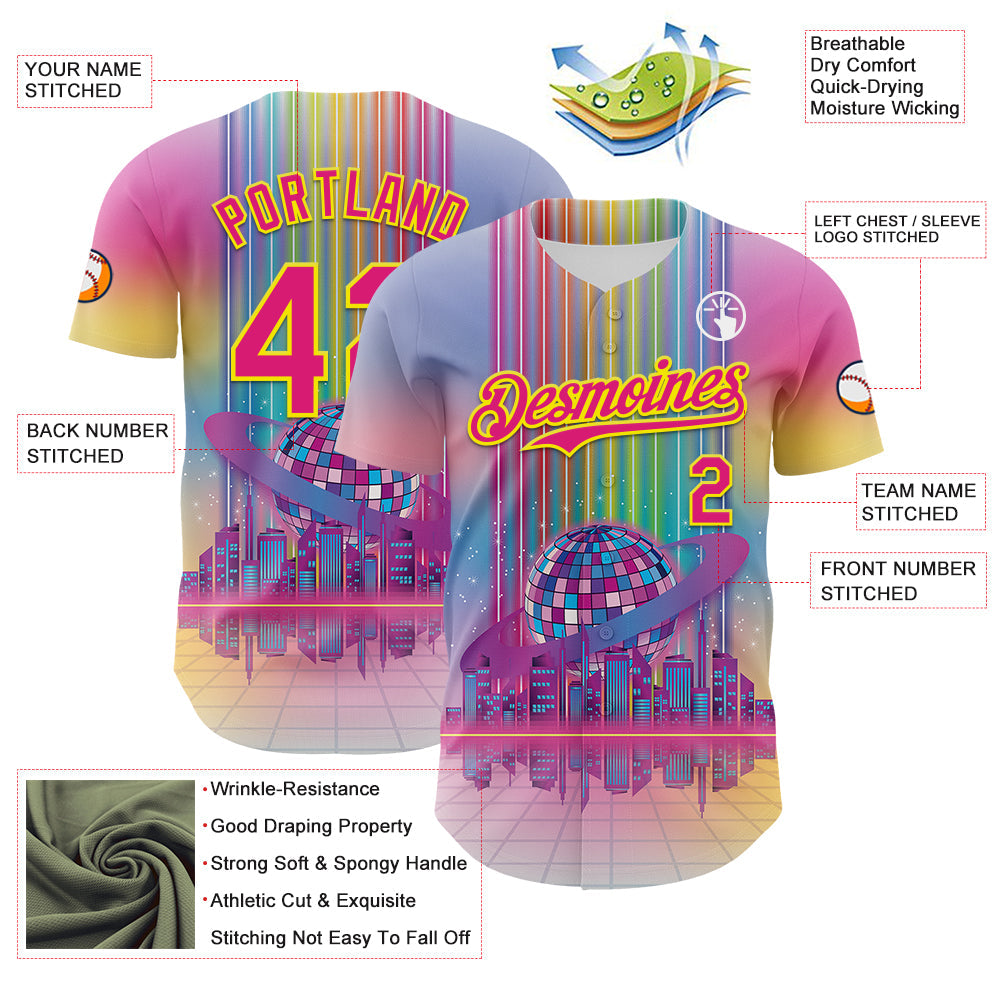 Custom Pink Hot Pink-Light Yellow 3D Pattern Design Rave Psychedelic Neon Music Disco Authentic Baseball Jersey view 3