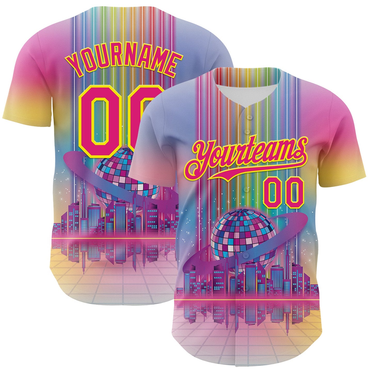 Custom Pink Hot Pink-Light Yellow 3D Pattern Design Rave Psychedelic Neon Music Disco Authentic Baseball Jersey - Main View