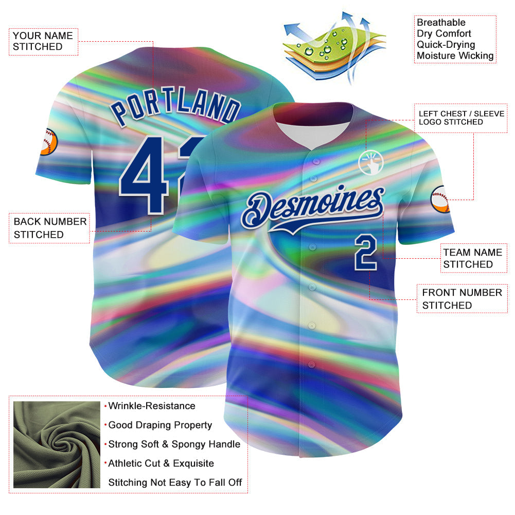Custom White Royal 3D Pattern Design Rave Psychedelic Holographic Vaporwave Style Authentic Baseball Jersey view 3