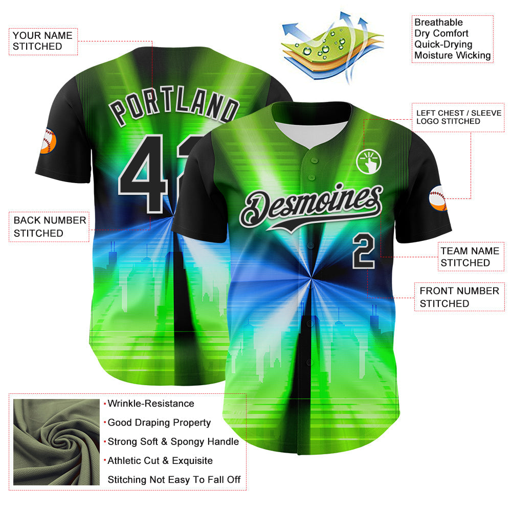 Custom Black White 3D Pattern Design Rave Psychedelic Aurora Authentic Baseball Jersey view 3