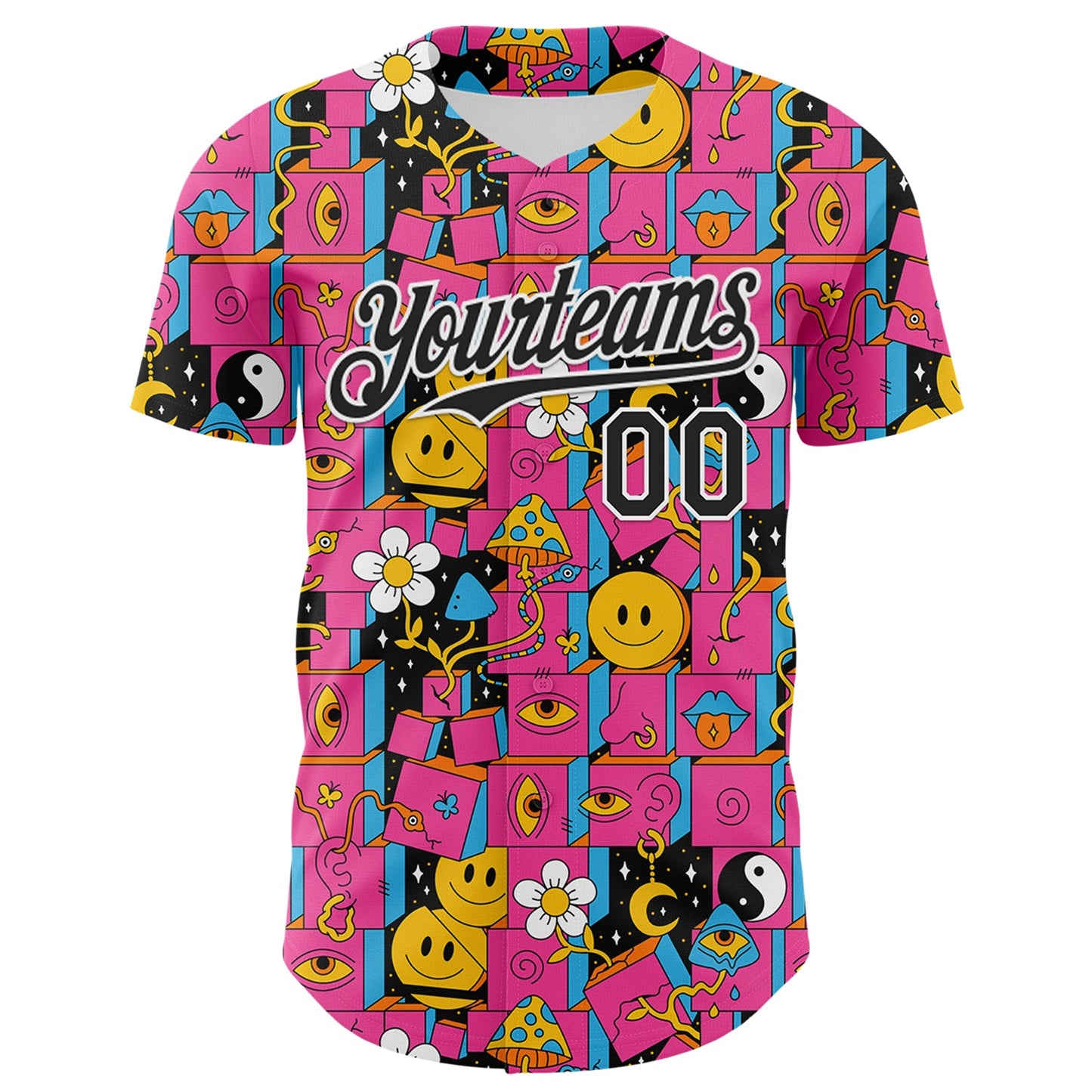 Custom Hot Pink Black-White 3D Pattern Design Rave Psychedelic Geometry Authentic Baseball Jersey view 2