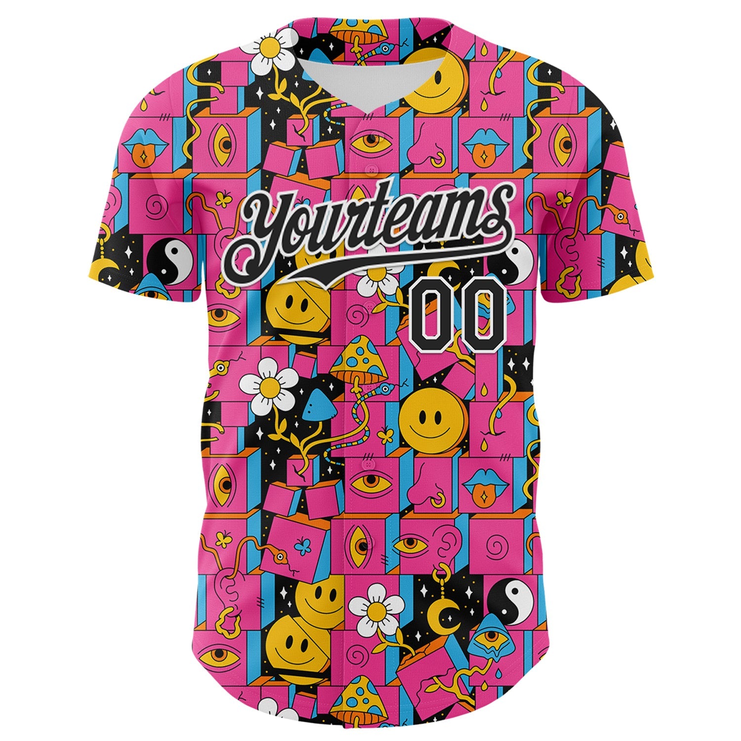 Custom Hot Pink Black-White 3D Pattern Design Rave Psychedelic Geometry Authentic Baseball Jersey view 2