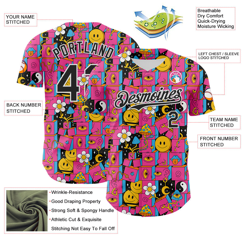 Custom Hot Pink Black-White 3D Pattern Design Rave Psychedelic Geometry Authentic Baseball Jersey view 3