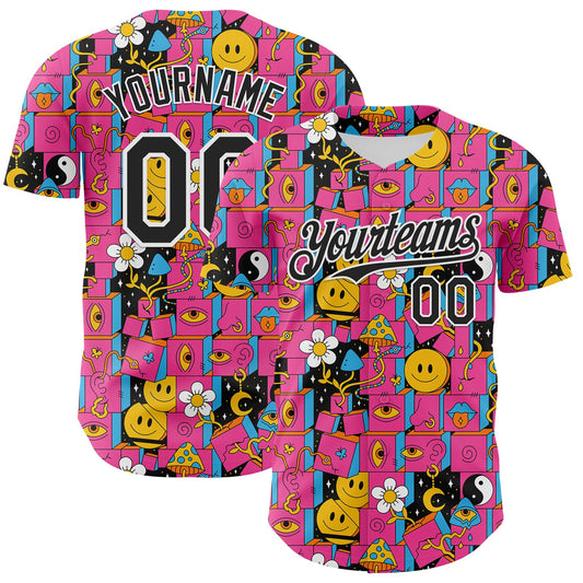 Custom Hot Pink Black-White 3D Pattern Design Rave Psychedelic Geometry Authentic Baseball Jersey - Main View