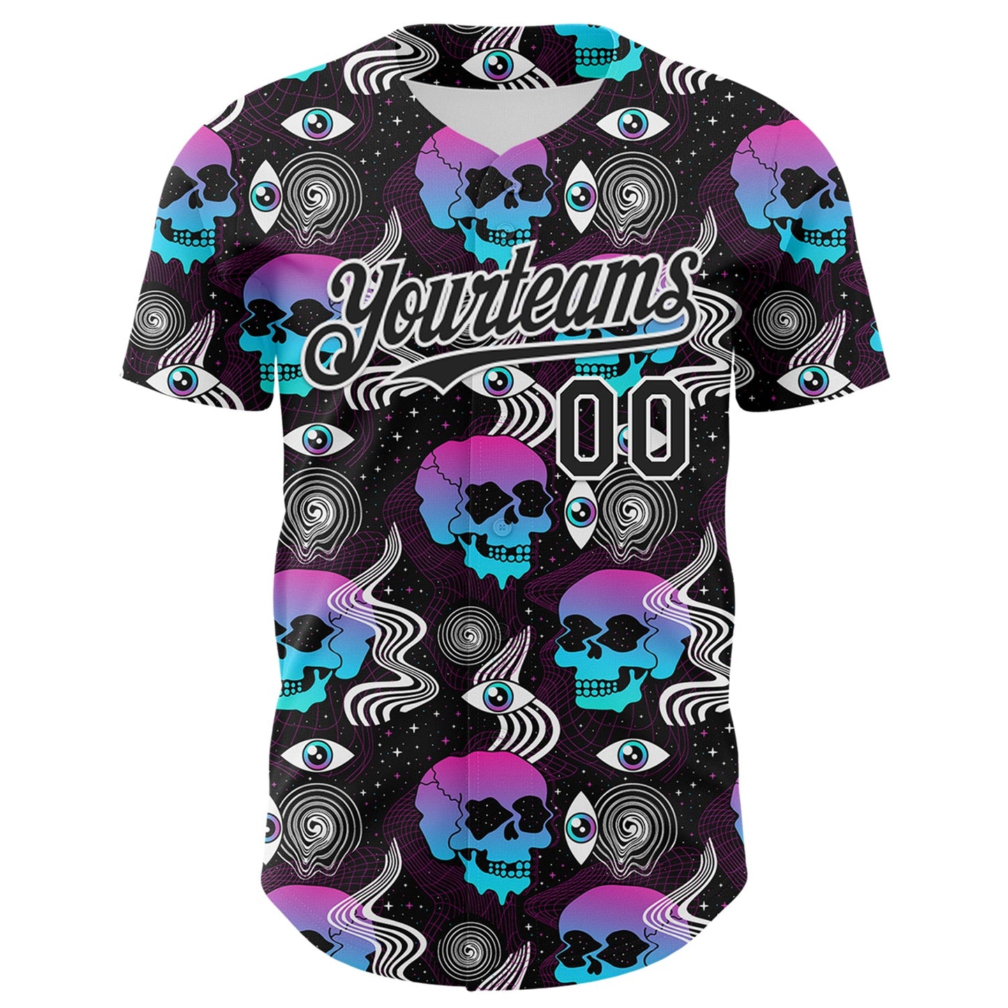 Custom Black White 3D Pattern Design Rave Psychedelic Skull Authentic Baseball Jersey view 2