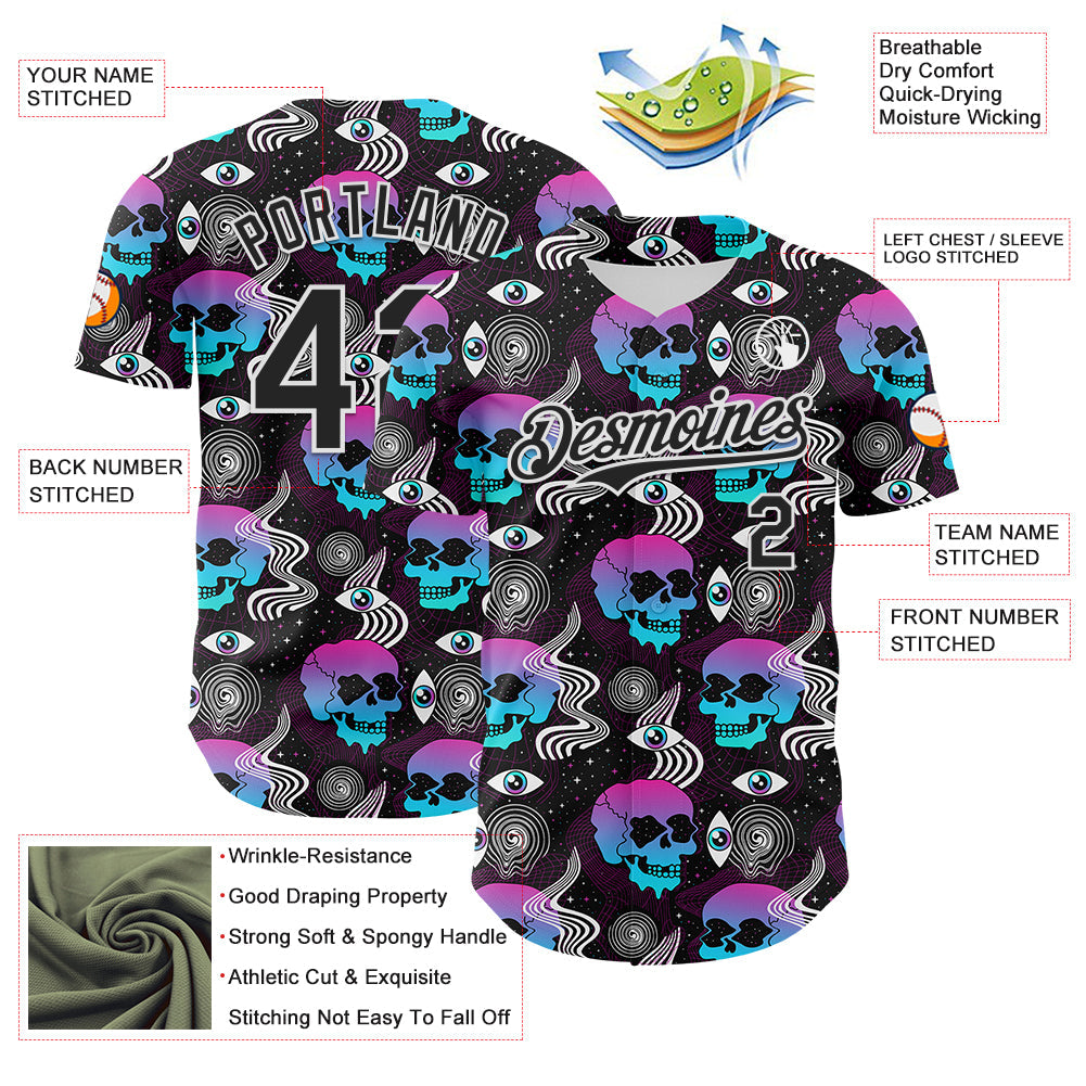 Custom Black White 3D Pattern Design Rave Psychedelic Skull Authentic Baseball Jersey view 3
