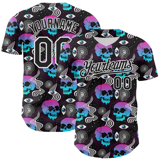 Custom Black White 3D Pattern Design Rave Psychedelic Skull Authentic Baseball Jersey - Main View