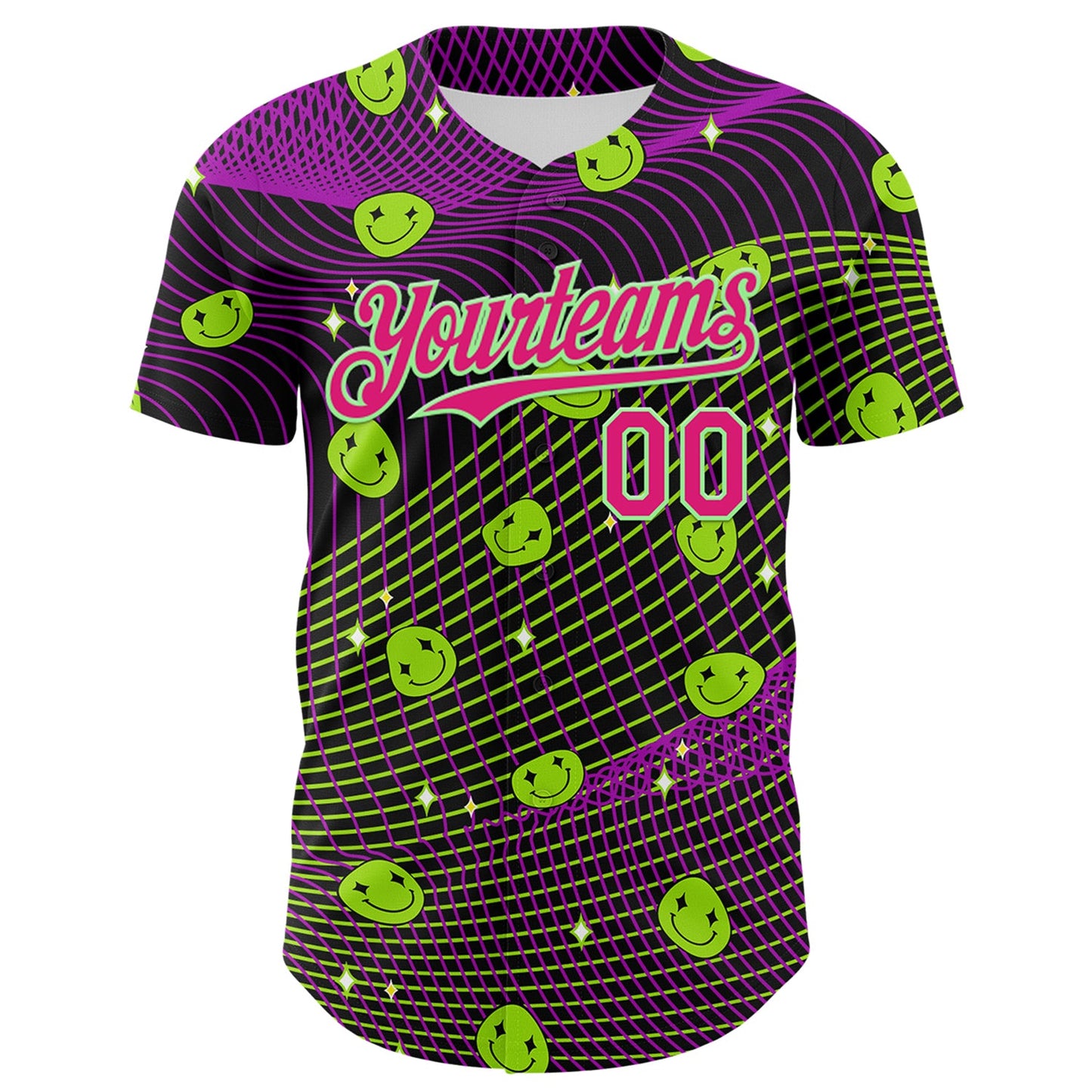 Custom Black Hot Pink-Pea Green 3D Pattern Design Rave Psychedelic Emoji Smile Authentic Baseball Jersey view 2