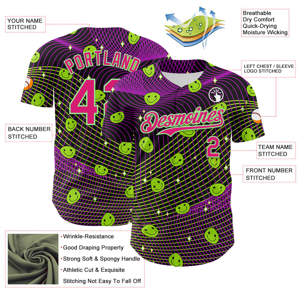 Custom Black Hot Pink-Pea Green 3D Pattern Design Rave Psychedelic Emoji Smile Authentic Baseball Jersey view 3