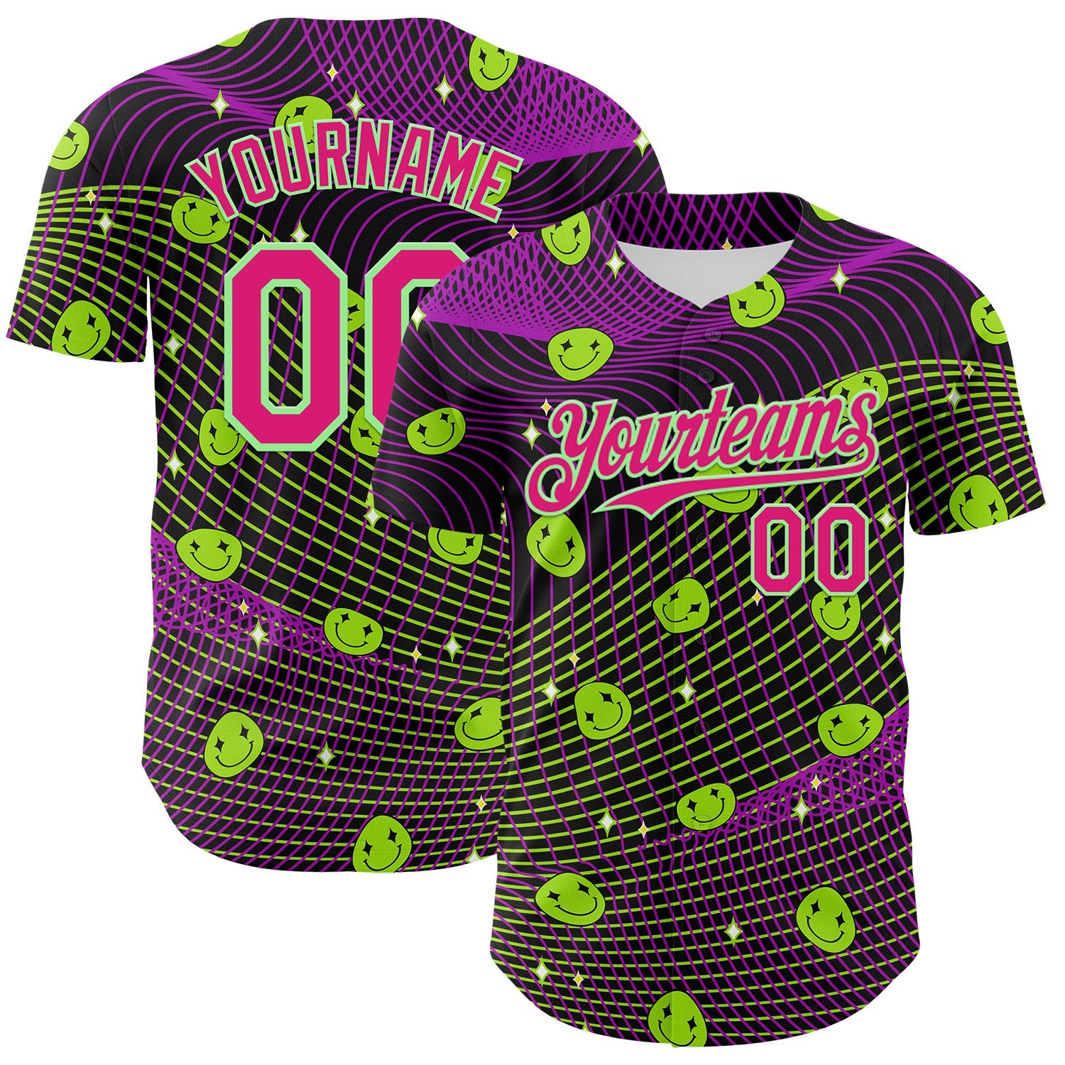 Custom Black Hot Pink-Pea Green 3D Pattern Design Rave Psychedelic Emoji Smile Authentic Baseball Jersey - Main View
