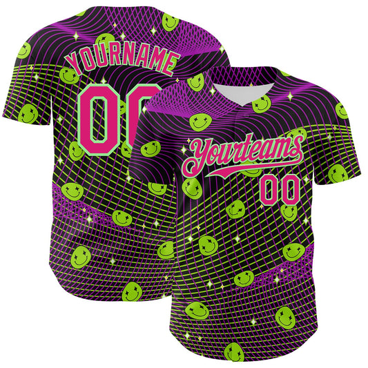 Custom Black Hot Pink-Pea Green 3D Pattern Design Rave Psychedelic Emoji Smile Authentic Baseball Jersey - Main View