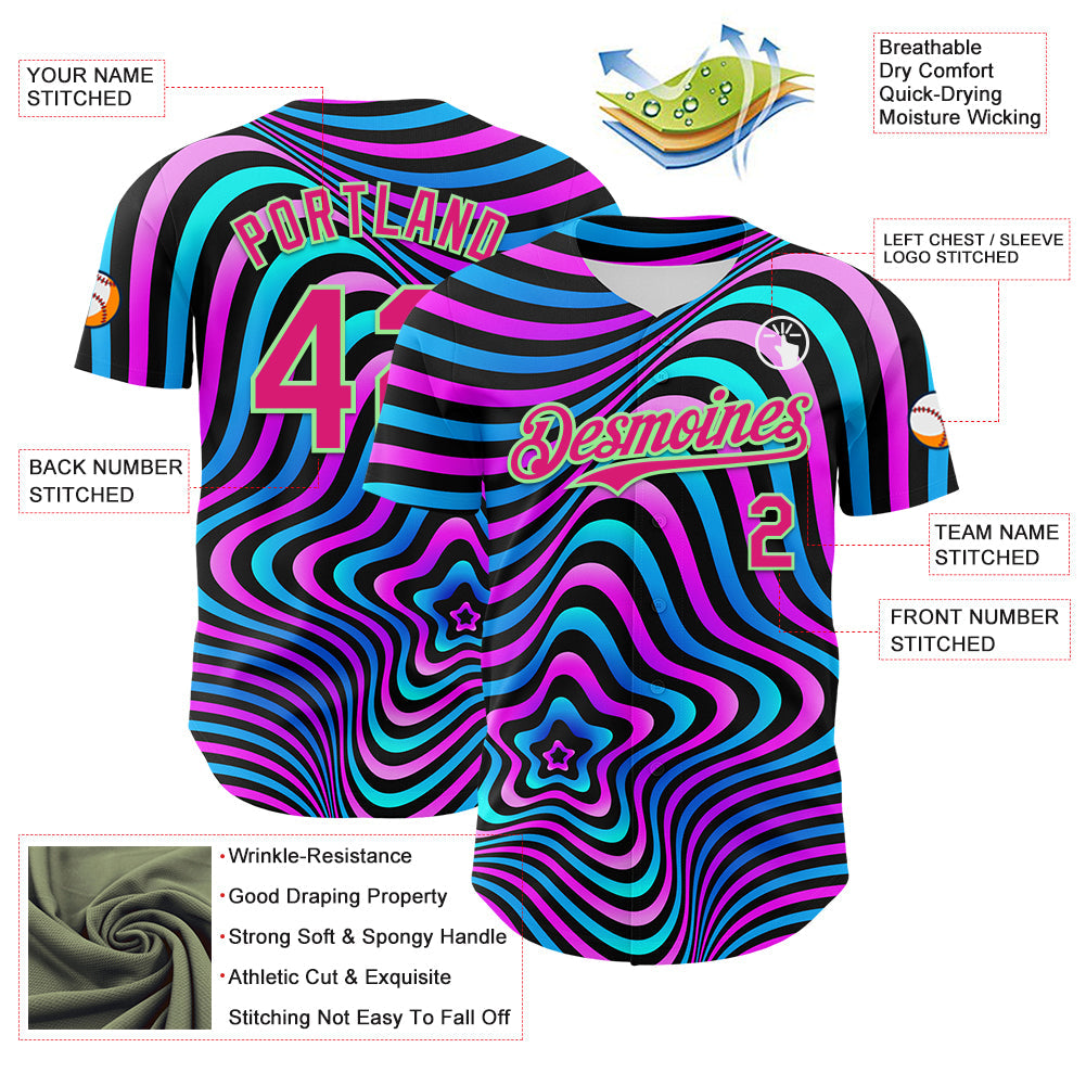 Custom Black Deep Pink-Pea Green 3D Pattern Design Rave Psychedelic Fluid Art Authentic Baseball Jersey view 3