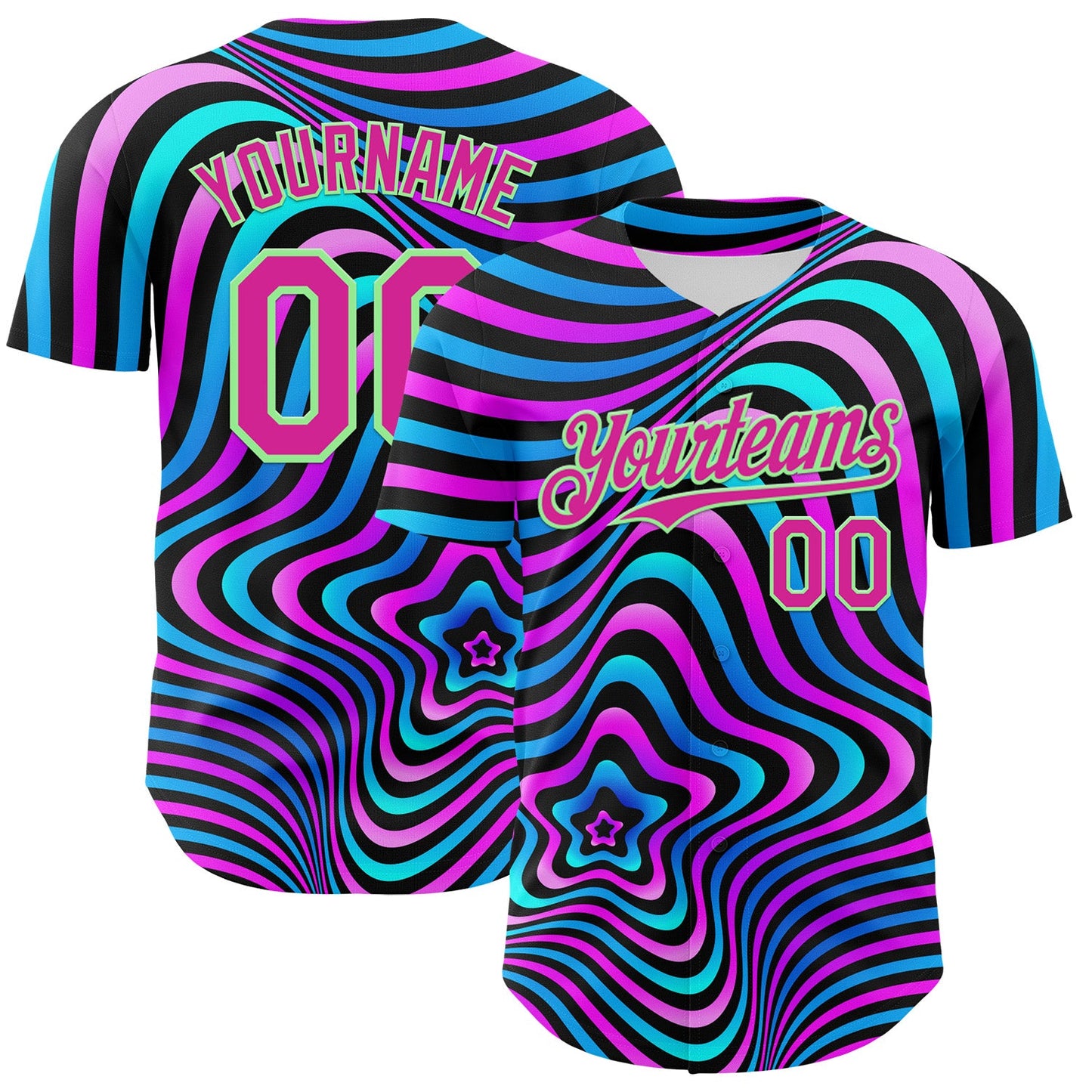 Custom Black Deep Pink-Pea Green 3D Pattern Design Rave Psychedelic Fluid Art Authentic Baseball Jersey - Main View
