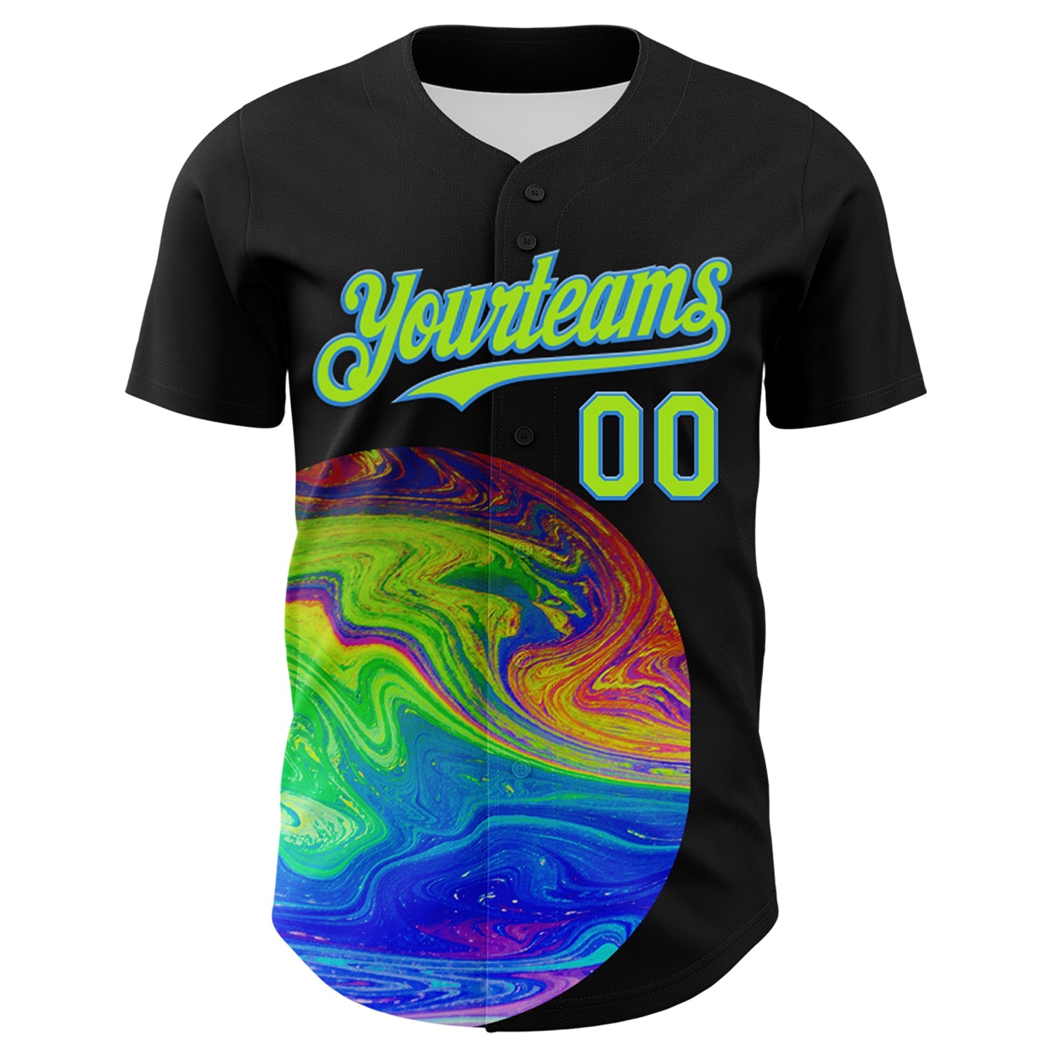 Custom Black Neon Green-Electric Blue 3D Pattern Design Rave Psychedelic Fluid Art Authentic Baseball Jersey view 2