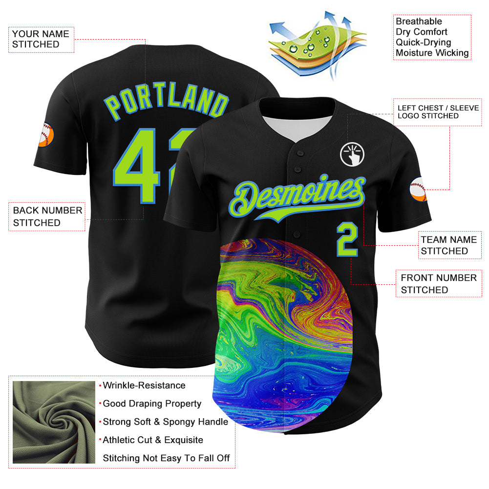 Custom Black Neon Green-Electric Blue 3D Pattern Design Rave Psychedelic Fluid Art Authentic Baseball Jersey view 3