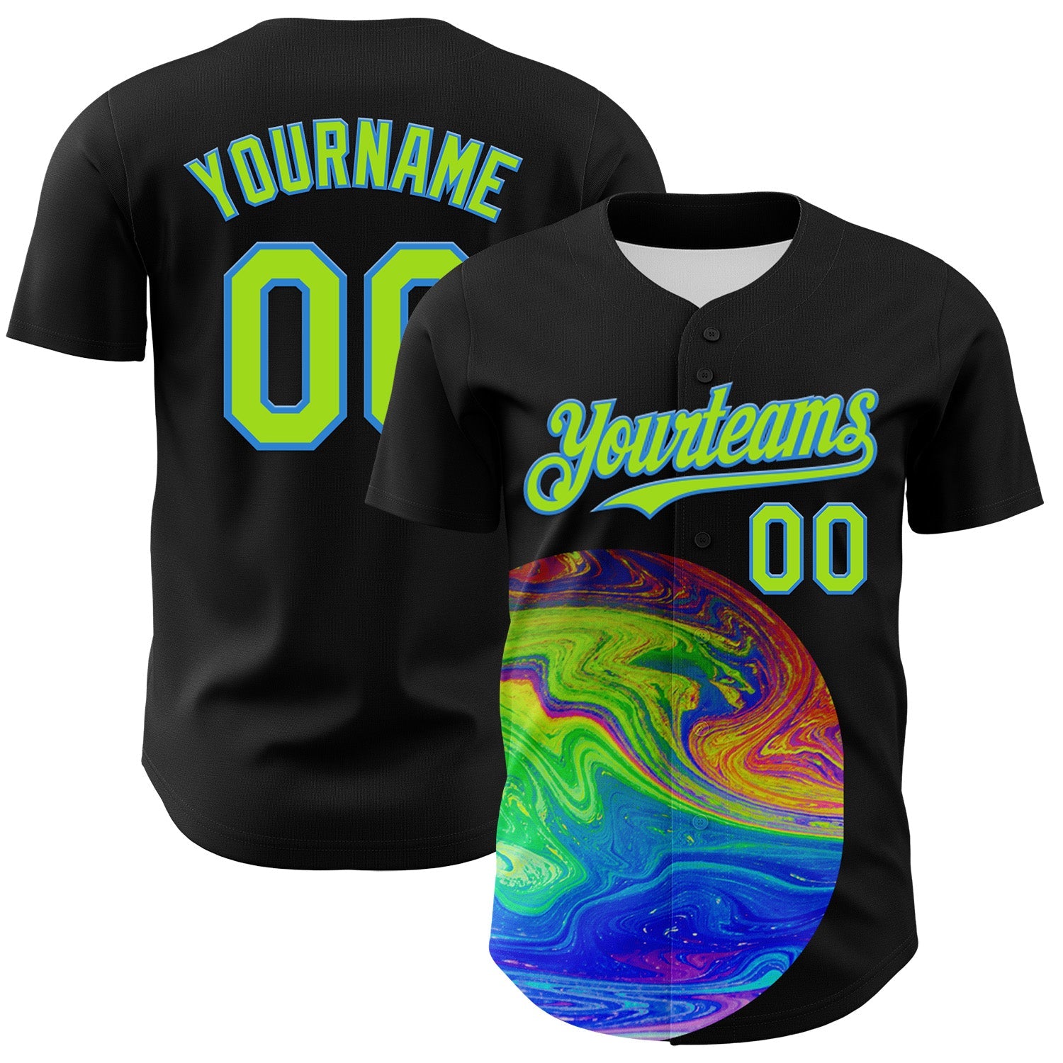 Custom Black Neon Green-Electric Blue 3D Pattern Design Rave Psychedelic Fluid Art Authentic Baseball Jersey - Main View