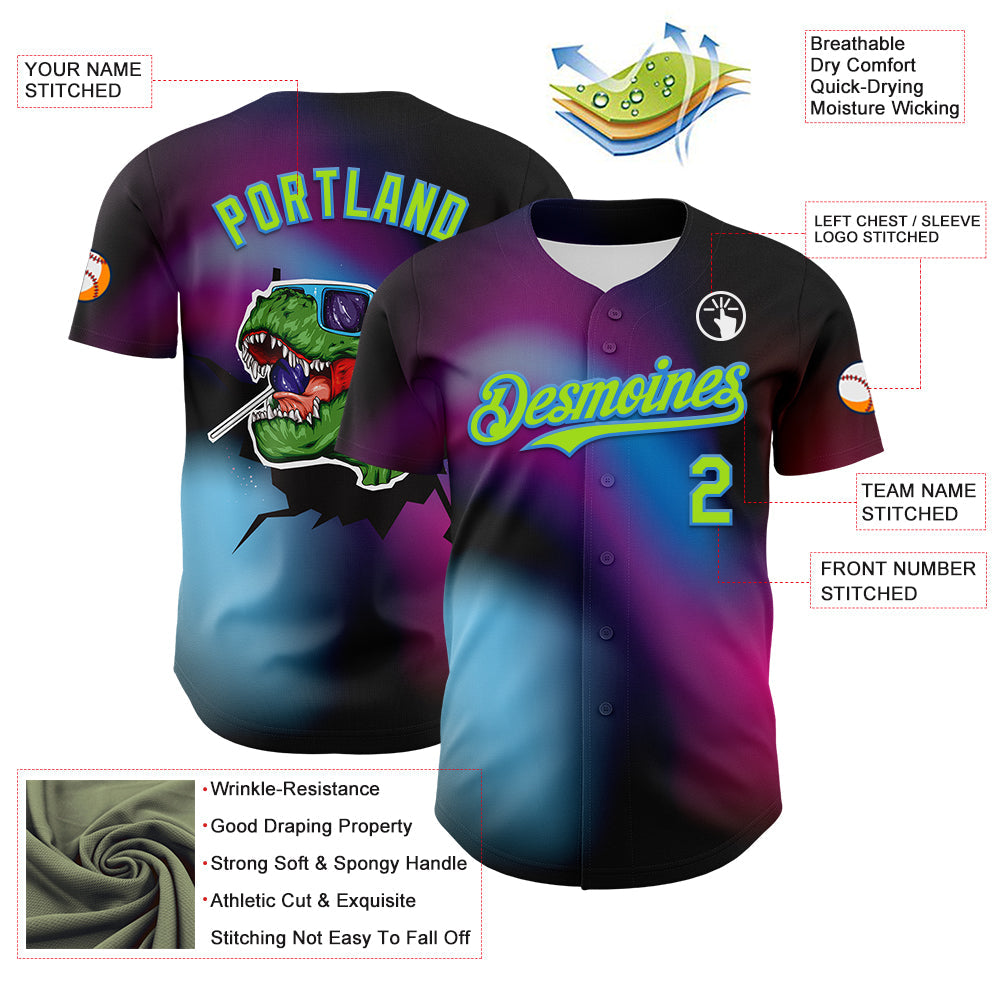 Custom Black Neon Green-Electric Blue 3D Pattern Design Rave Psychedelic Neon Dinosaur Authentic Baseball Jersey view 3