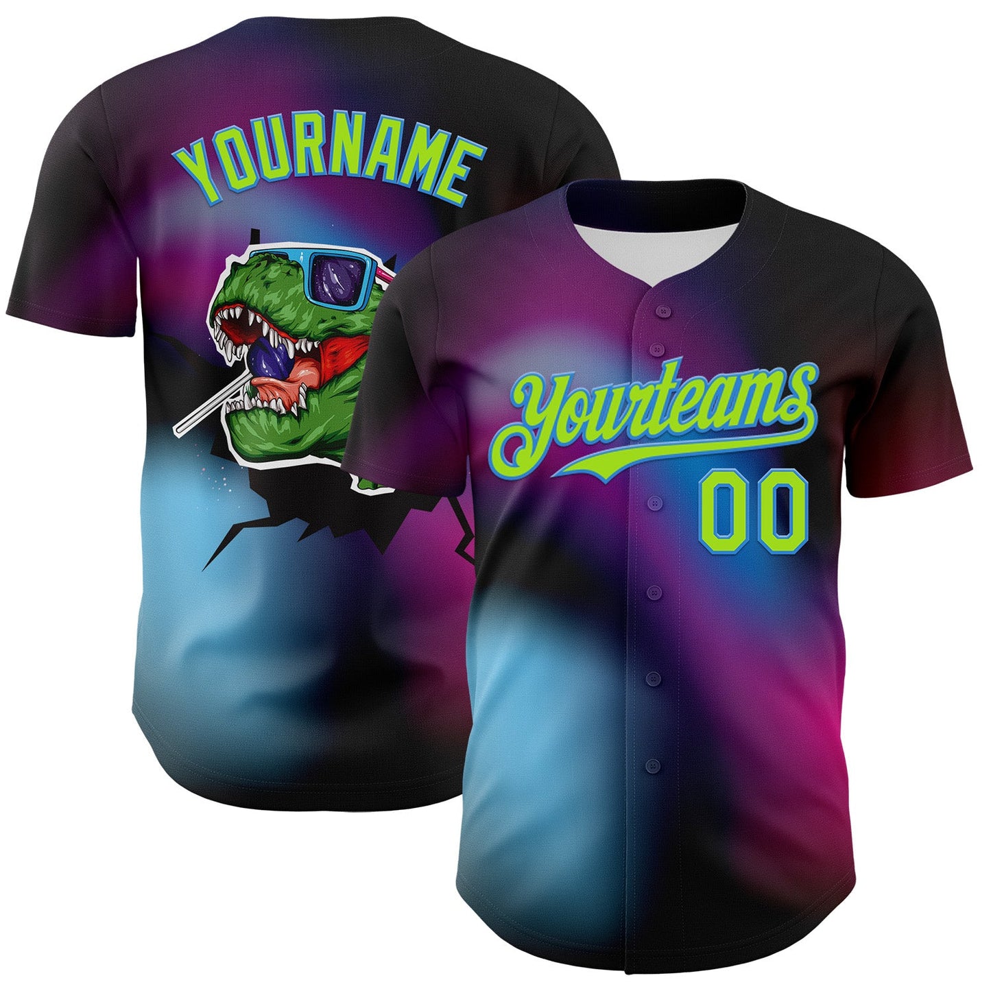 Custom Black Neon Green-Electric Blue 3D Pattern Design Rave Psychedelic Neon Dinosaur Authentic Baseball Jersey - Main View