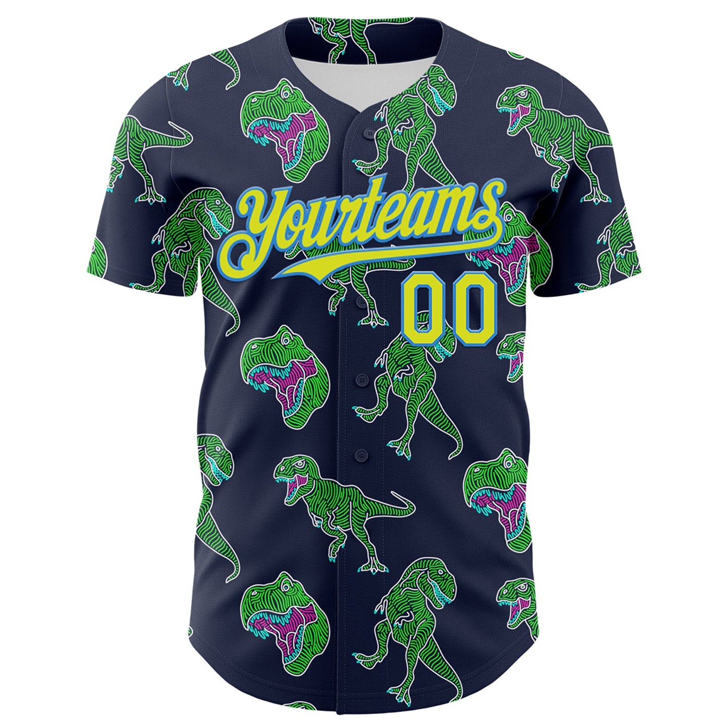 Custom Navy Neon Yellow-Electric Blue 3D Pattern Design Rave Psychedelic Neon Dinosaur Authentic Baseball Jersey view 2