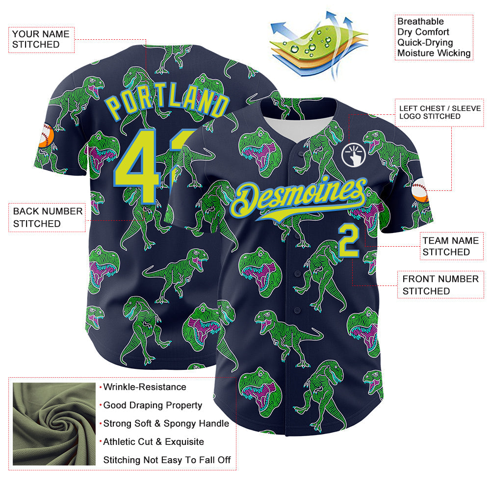 Custom Navy Neon Yellow-Electric Blue 3D Pattern Design Rave Psychedelic Neon Dinosaur Authentic Baseball Jersey view 3