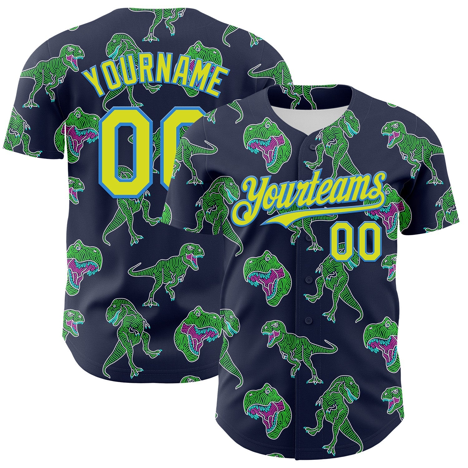 Custom Navy Neon Yellow-Electric Blue 3D Pattern Design Rave Psychedelic Neon Dinosaur Authentic Baseball Jersey - Main View