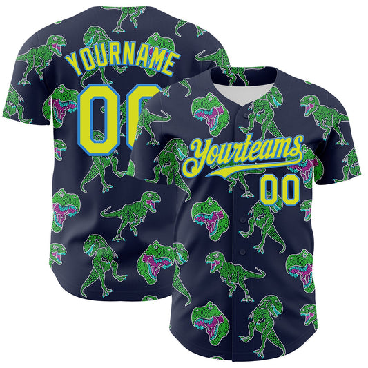 Custom Navy Neon Yellow-Electric Blue 3D Pattern Design Rave Psychedelic Neon Dinosaur Authentic Baseball Jersey - Main View