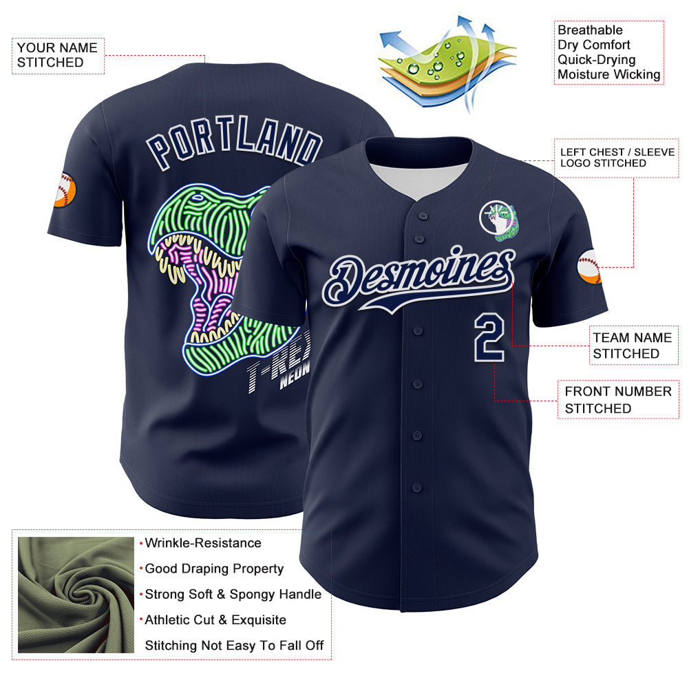 Custom Navy White 3D Pattern Design Rave Psychedelic Neon Dinosaur Authentic Baseball Jersey view 3