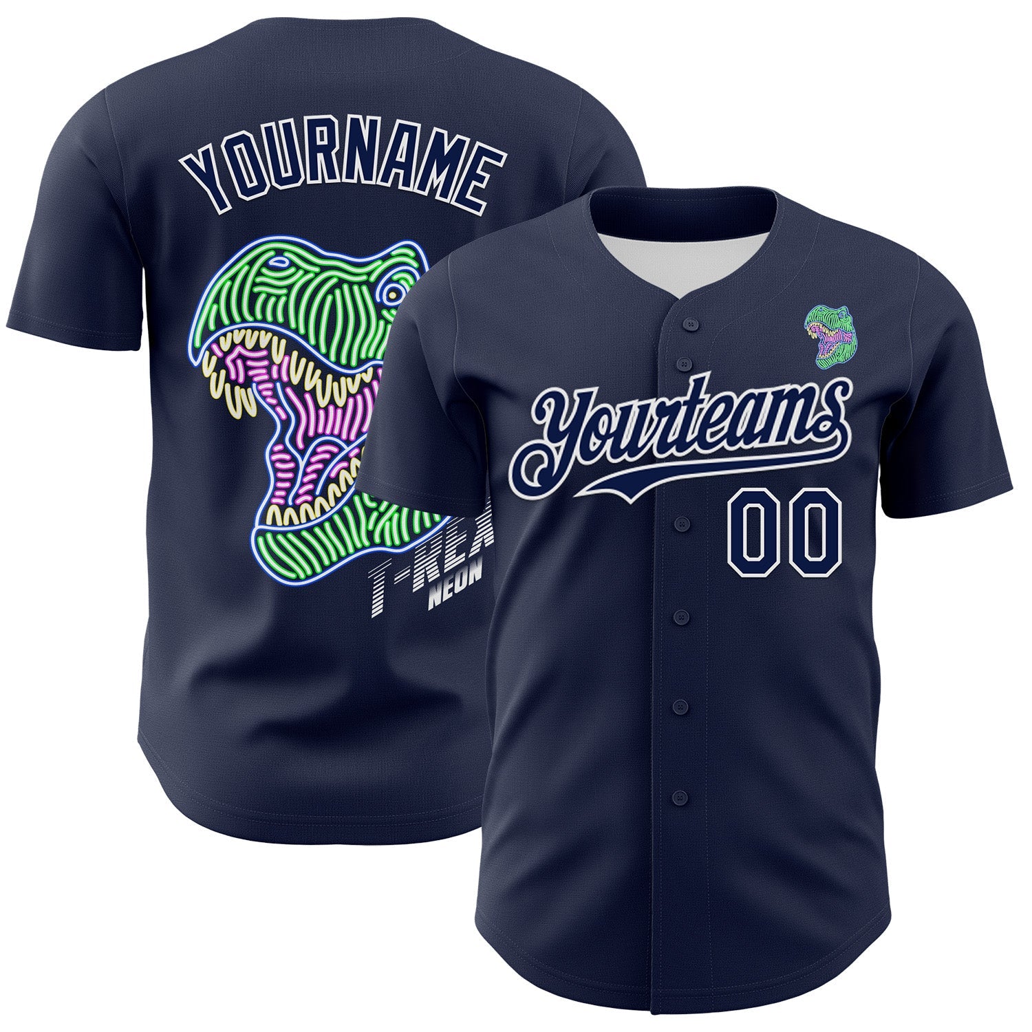 Custom Navy White 3D Pattern Design Rave Psychedelic Neon Dinosaur Authentic Baseball Jersey - Main View