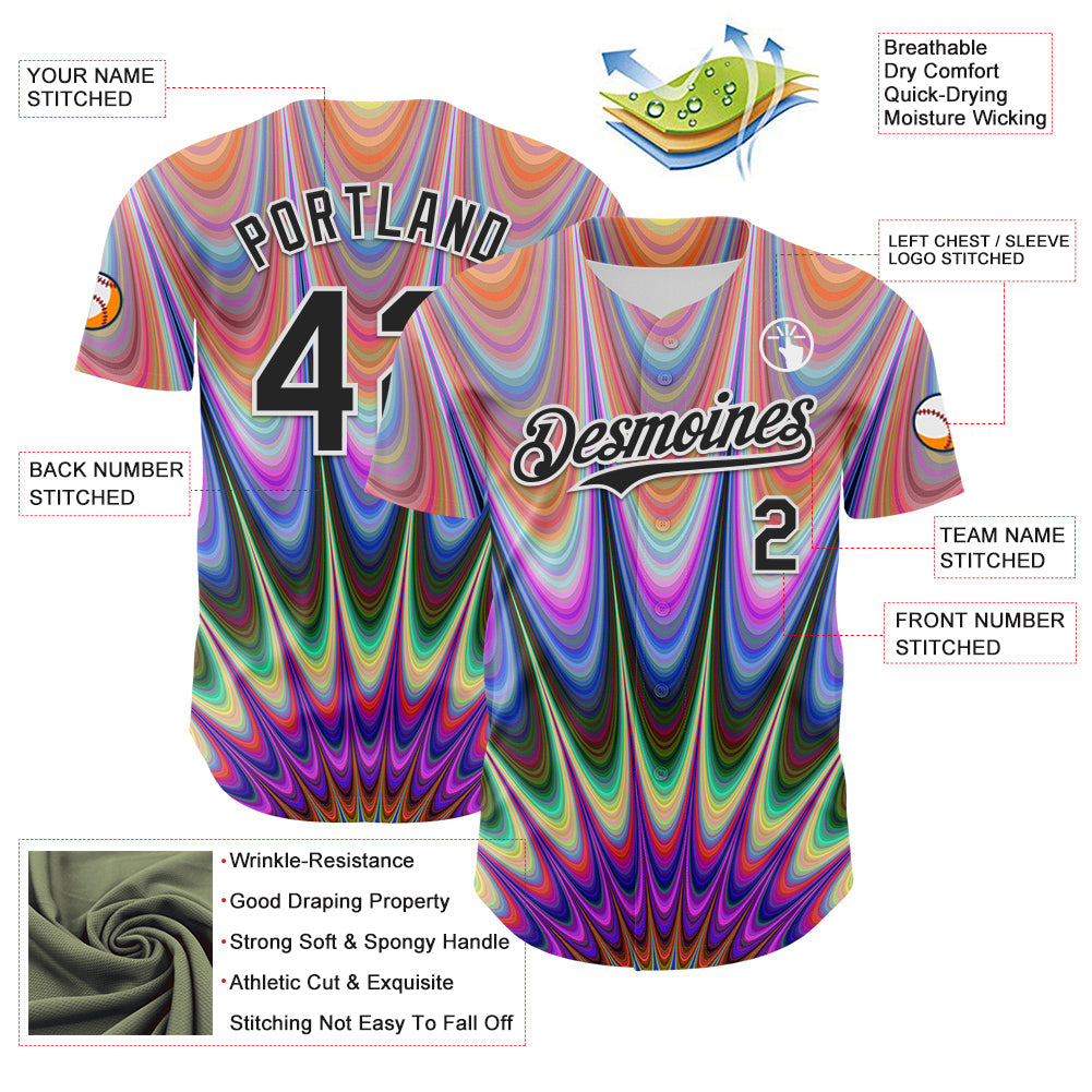 Custom Orange Black-White 3D Pattern Design Rave Psychedelic Fractal Style Authentic Baseball Jersey view 3
