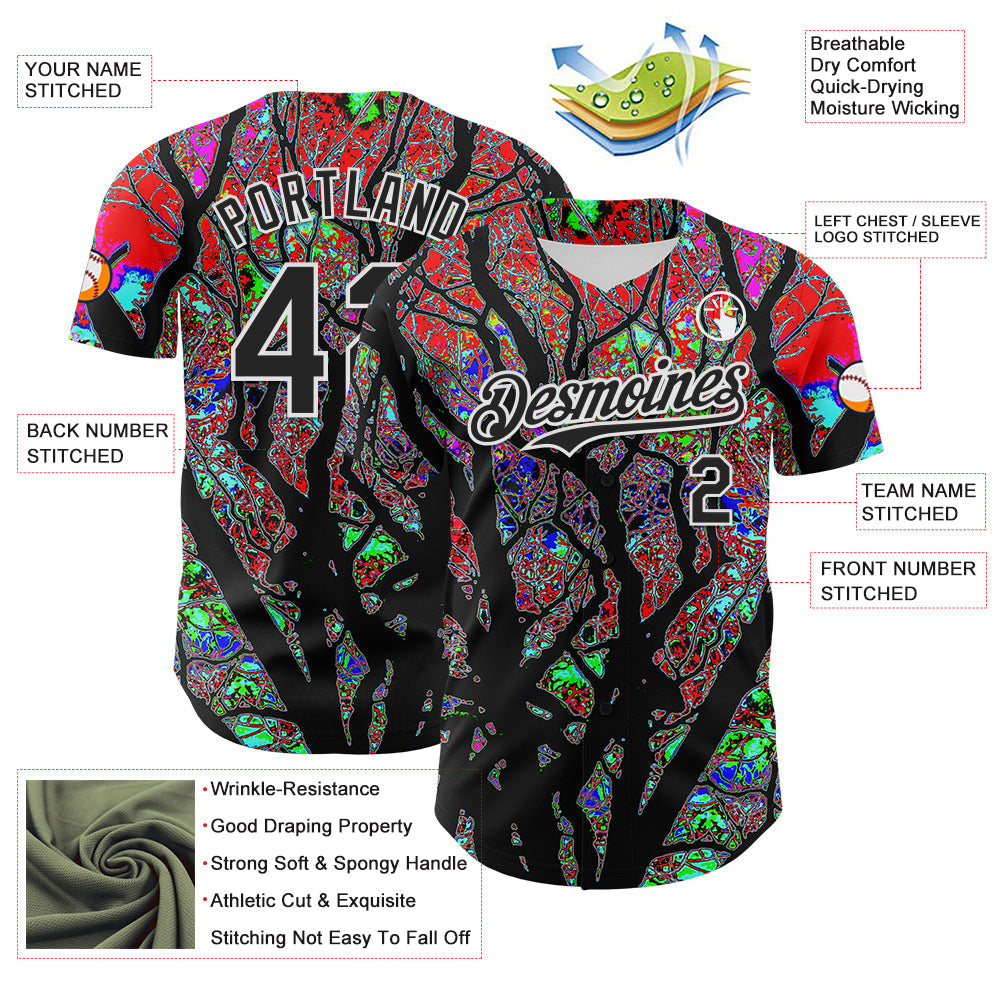 Custom Black White 3D Pattern Design Rave Psychedelic Tree Authentic Baseball Jersey view 3