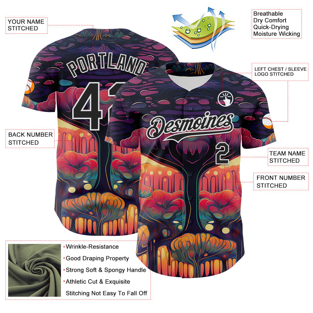 Custom Black White 3D Pattern Design Rave Psychedelic Forest Authentic Baseball Jersey view 3