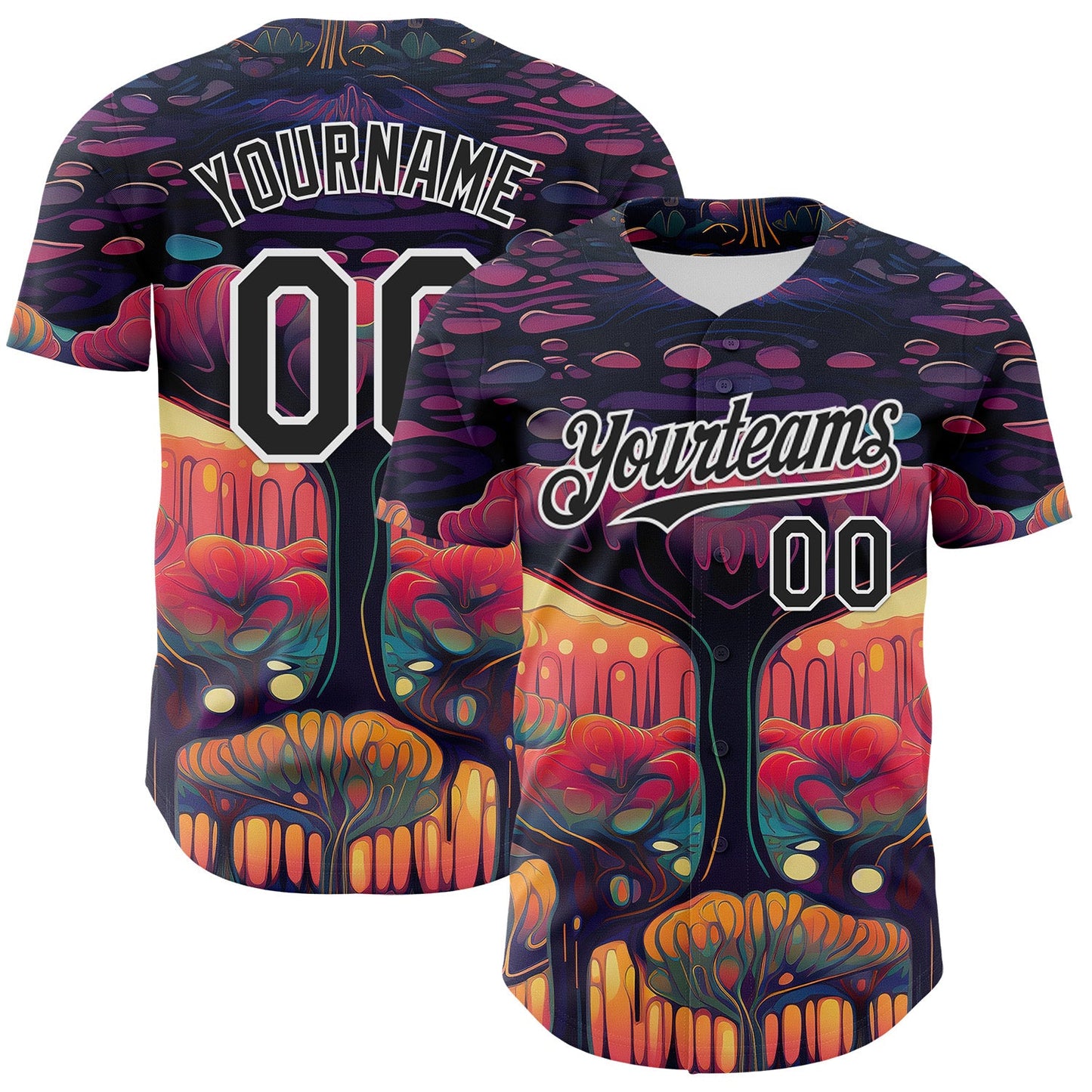 Custom Black White 3D Pattern Design Rave Psychedelic Forest Authentic Baseball Jersey - Main View