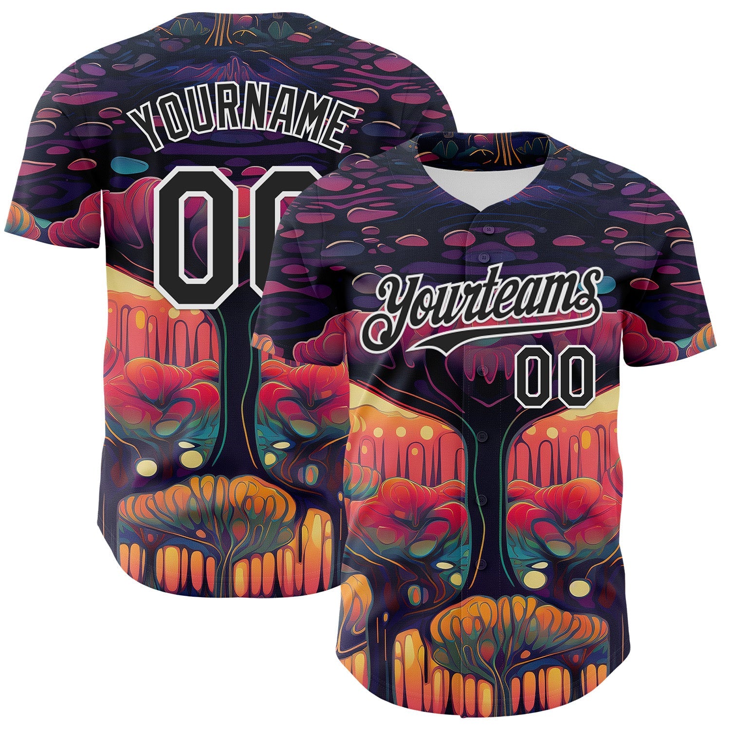 Custom Black White 3D Pattern Design Rave Psychedelic Forest Authentic Baseball Jersey - Main View