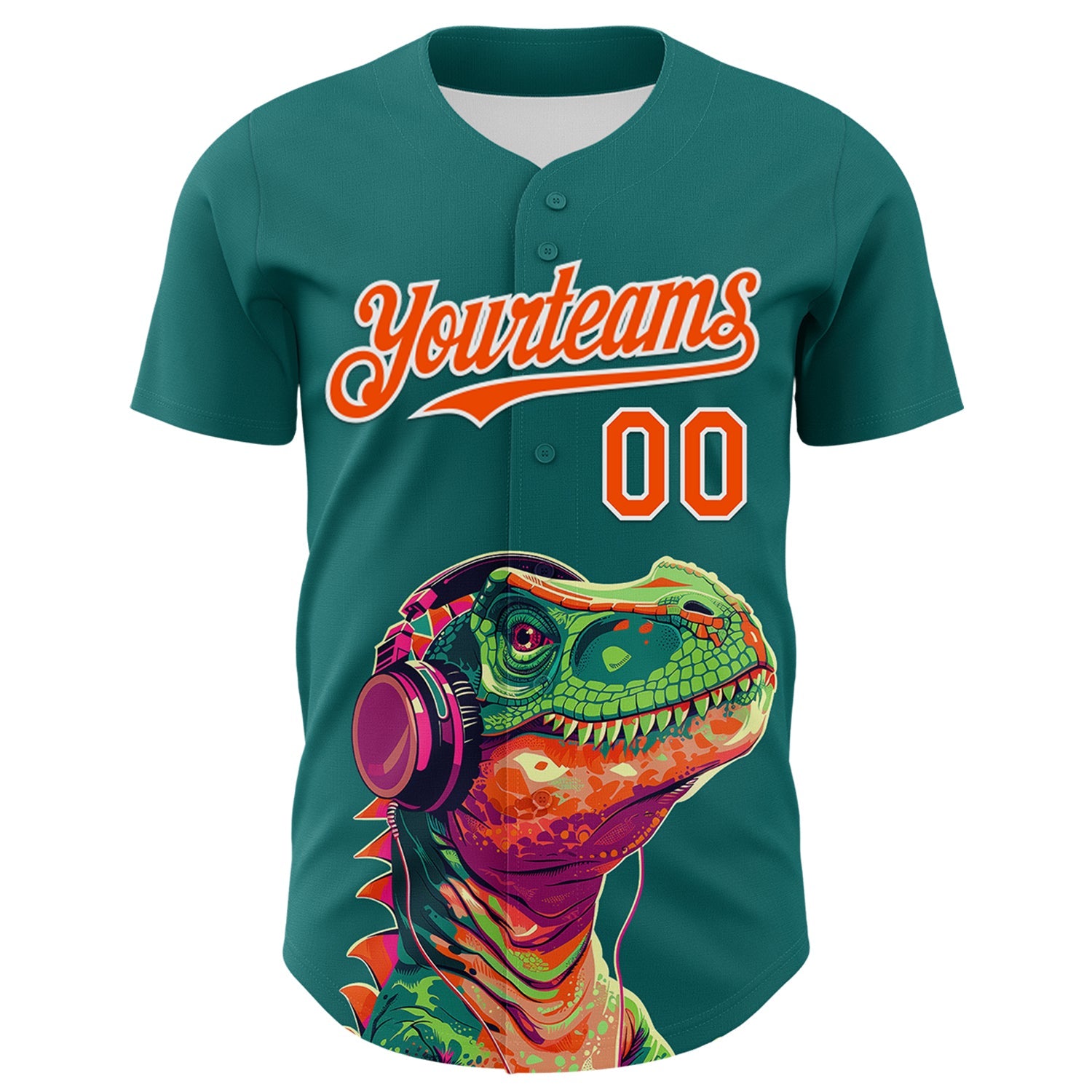 Custom Teal Orange-White 3D Pattern Design Rave Psychedelic Dinosaur Authentic Baseball Jersey view 2