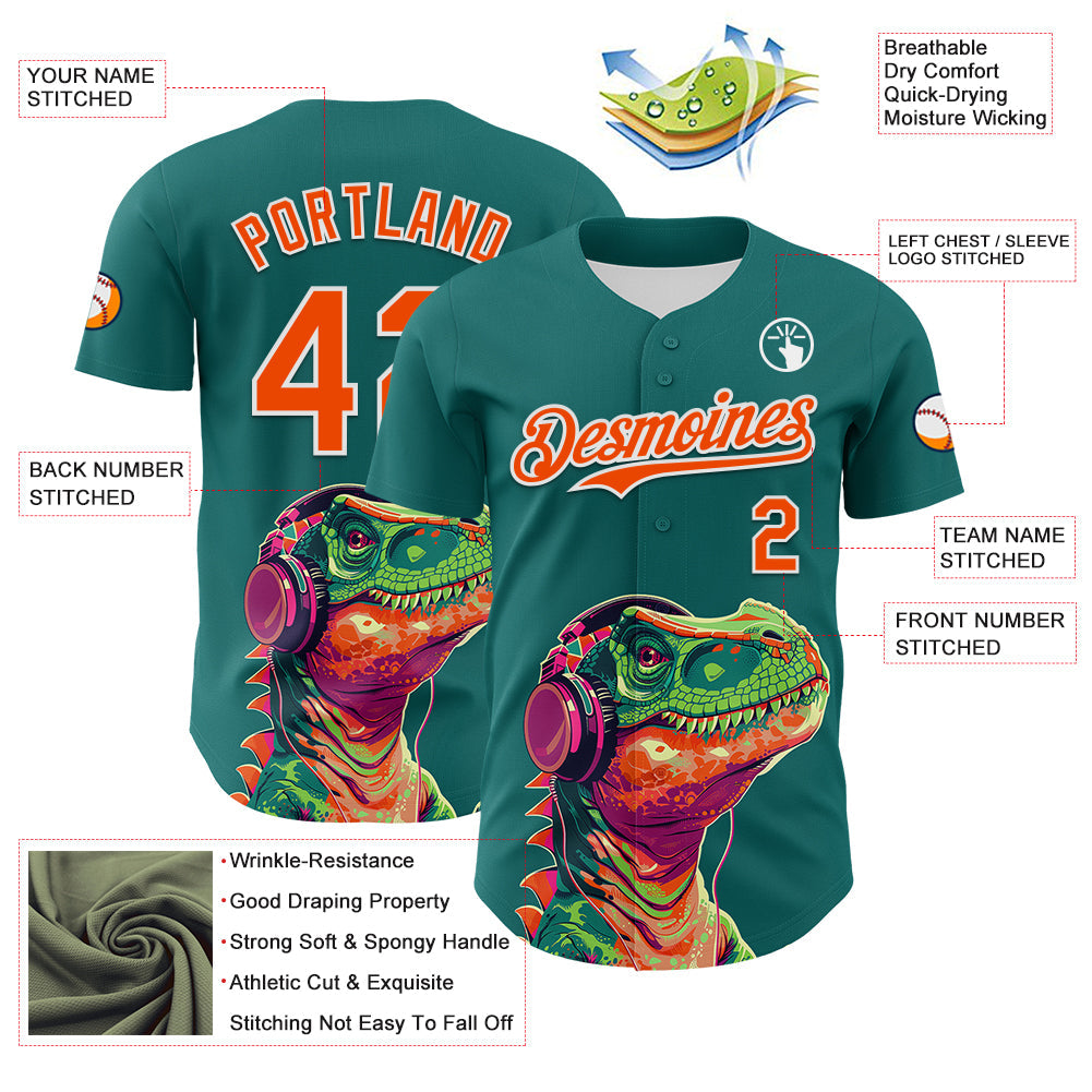 Custom Teal Orange-White 3D Pattern Design Rave Psychedelic Dinosaur Authentic Baseball Jersey view 3