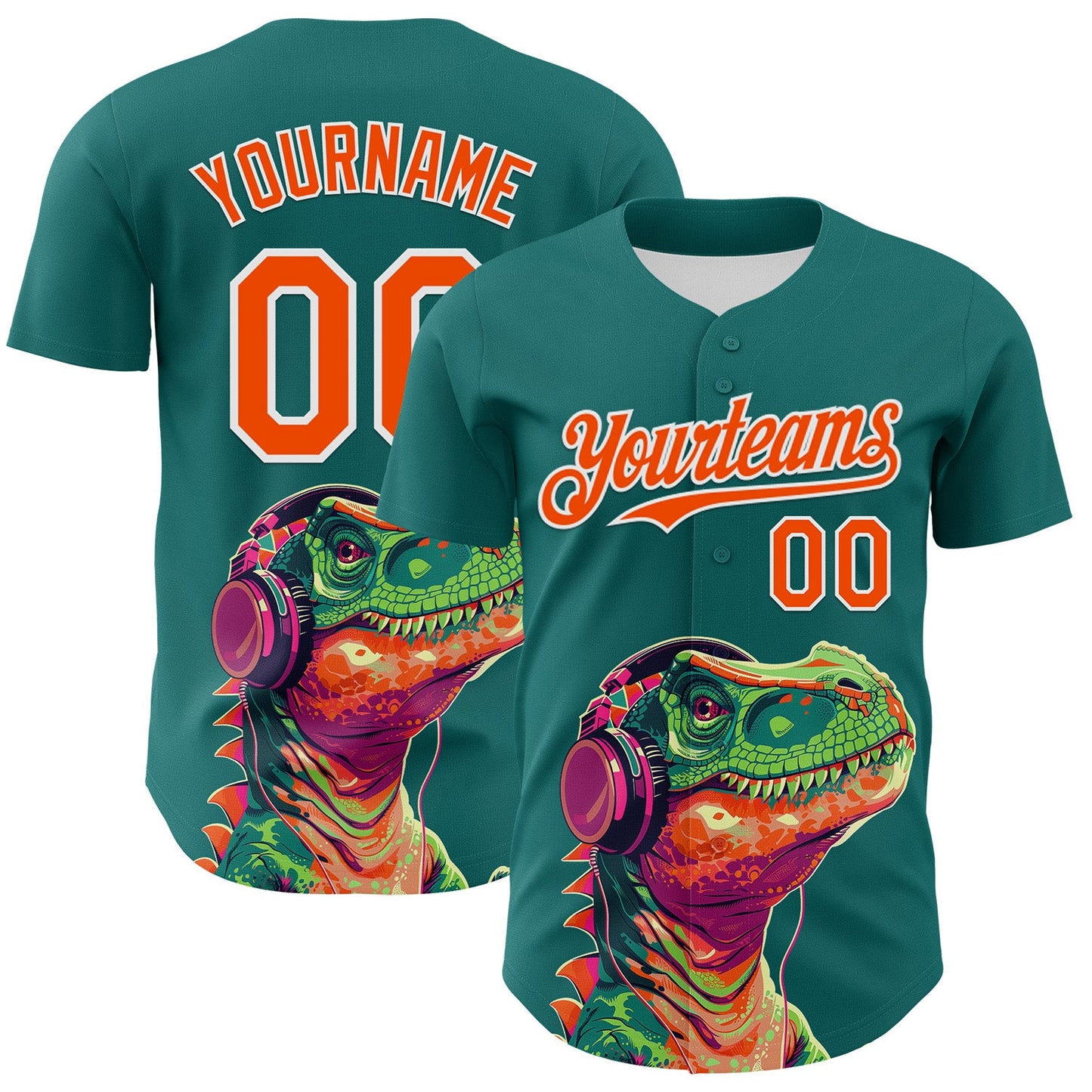 Custom Teal Orange-White 3D Pattern Design Rave Psychedelic Dinosaur Authentic Baseball Jersey - Main View