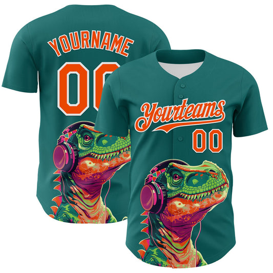 Custom Teal Orange-White 3D Pattern Design Rave Psychedelic Dinosaur Authentic Baseball Jersey - Main View
