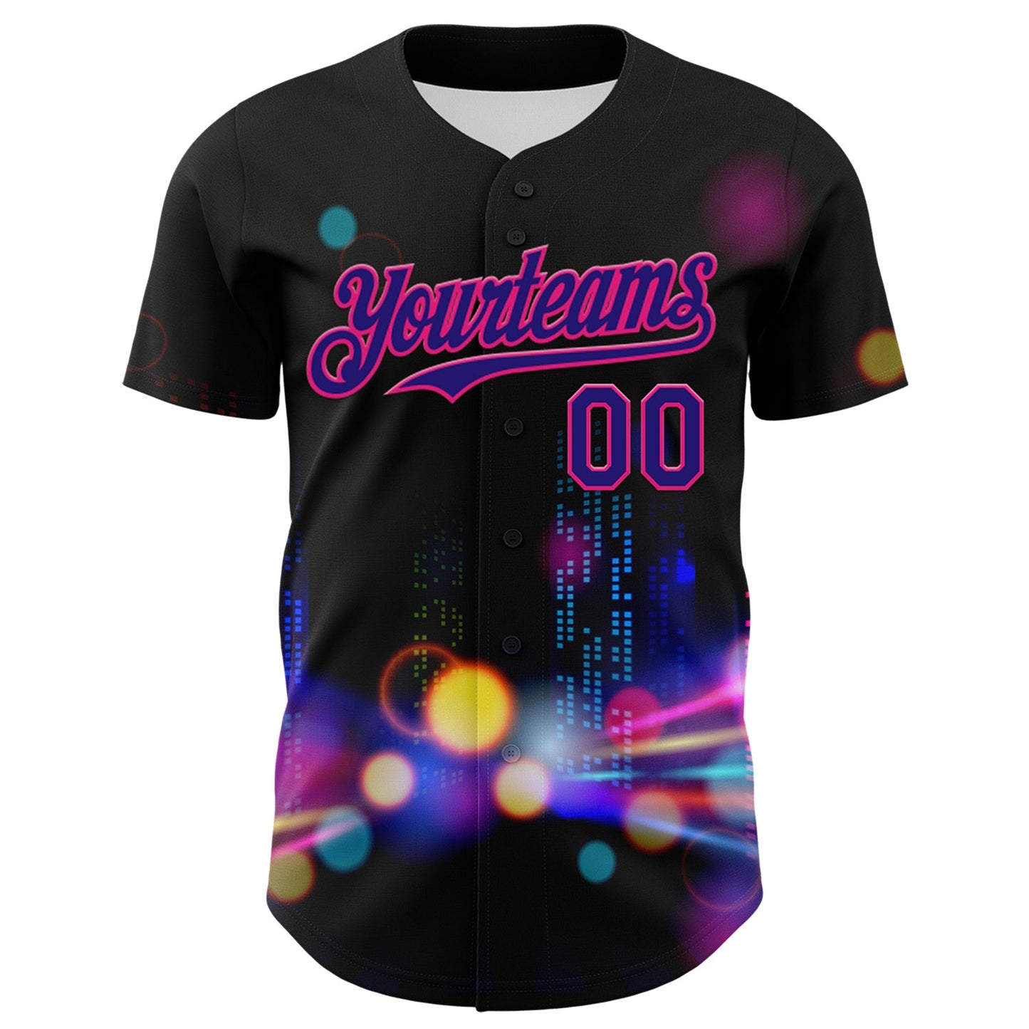 Custom Black Dark Purple-Hot Pink 3D Pattern Design Rave Psychedelic City Neon Authentic Baseball Jersey view 2