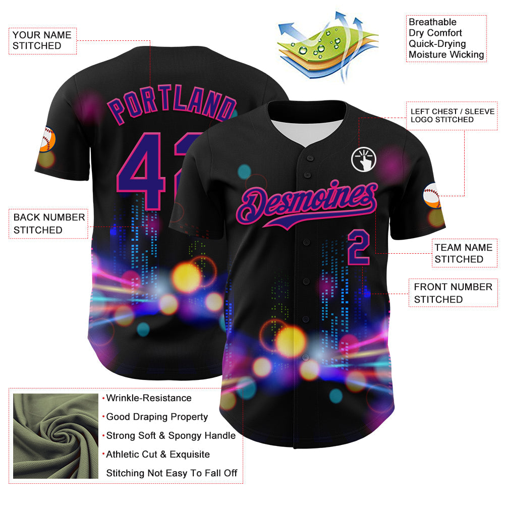 Custom Black Dark Purple-Hot Pink 3D Pattern Design Rave Psychedelic City Neon Authentic Baseball Jersey view 3