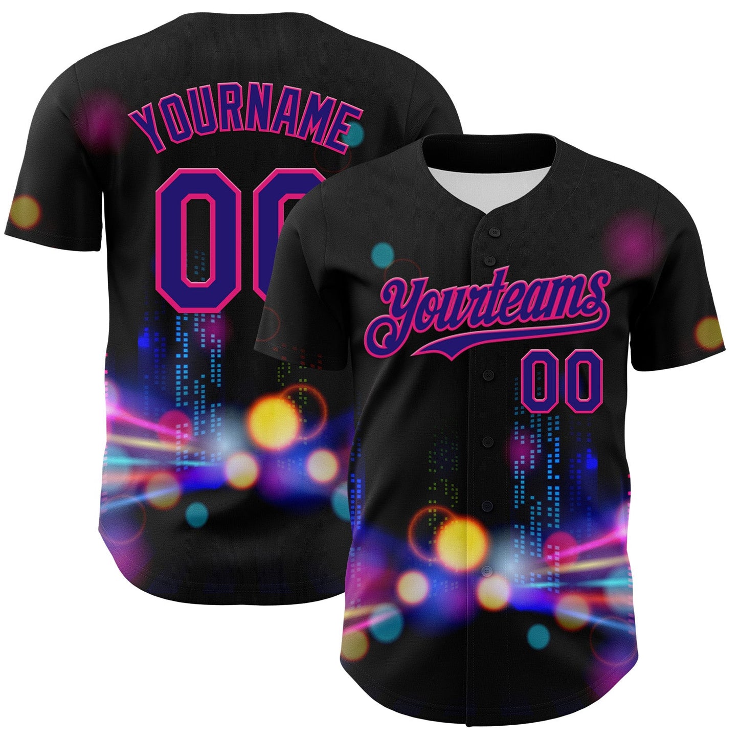Custom Black Dark Purple-Hot Pink 3D Pattern Design Rave Psychedelic City Neon Authentic Baseball Jersey - Main View